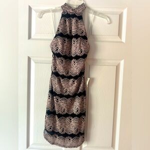Elegant Lace Halter Dress - Black and light Tan with gold metallic small